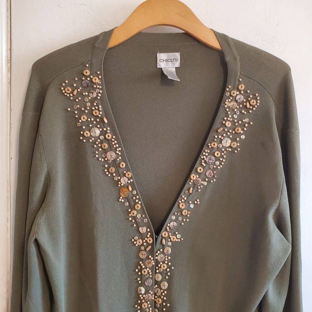 Chico's Olive Green Open Front Beaded Cardigan Size 3 US XL Boho Artsy Office - Picture 2 of 11